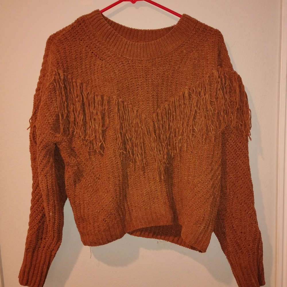 No Boundaries Rust Fringe Sweater